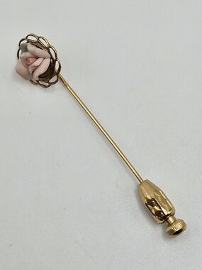 VINTAGE Gold Tone Filigree Pink Porcelain Rose Victorian Style Brooch Stick Pin